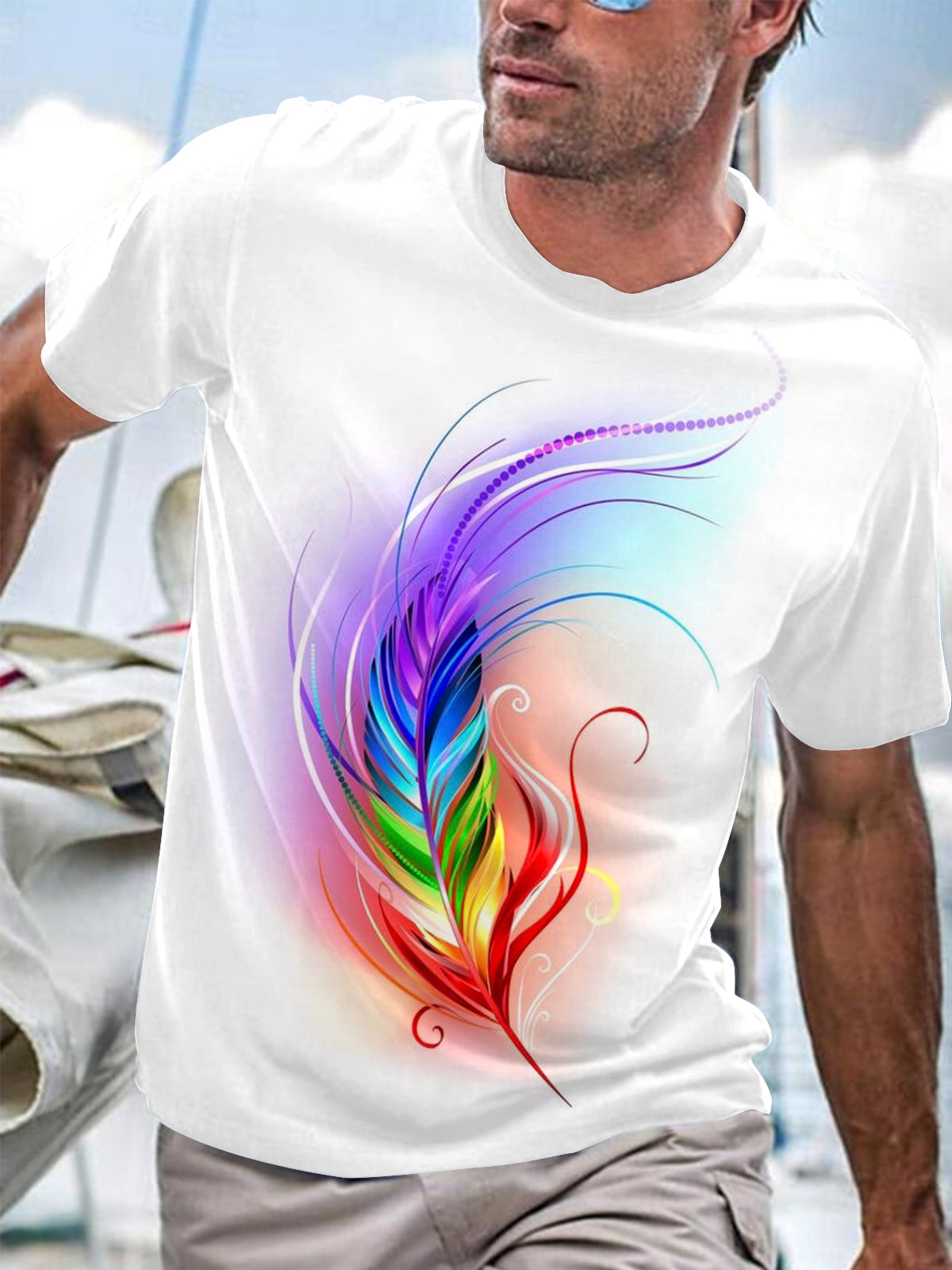 Feather Round Neck Short Sleeve Men's T-shirt