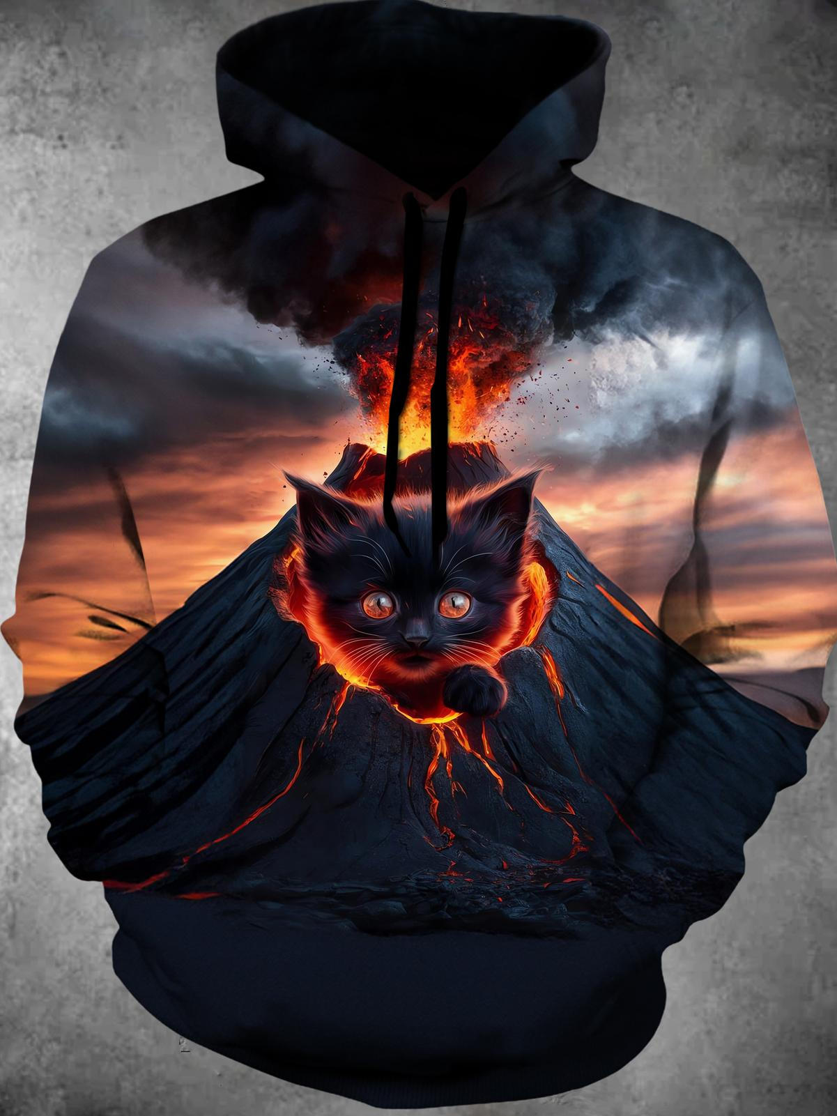 Volcano Cat Long Sleeve Hooded Pocket Men's Top