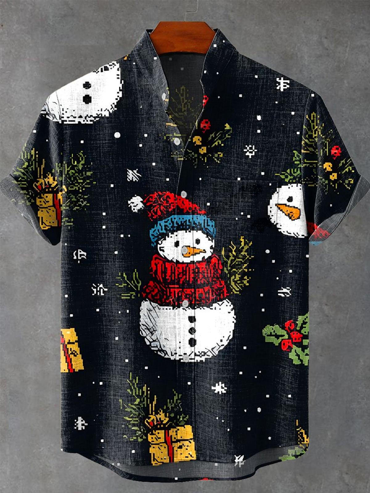 Snowman Men's Pocket Short Sleeve Stand Collar Shirts