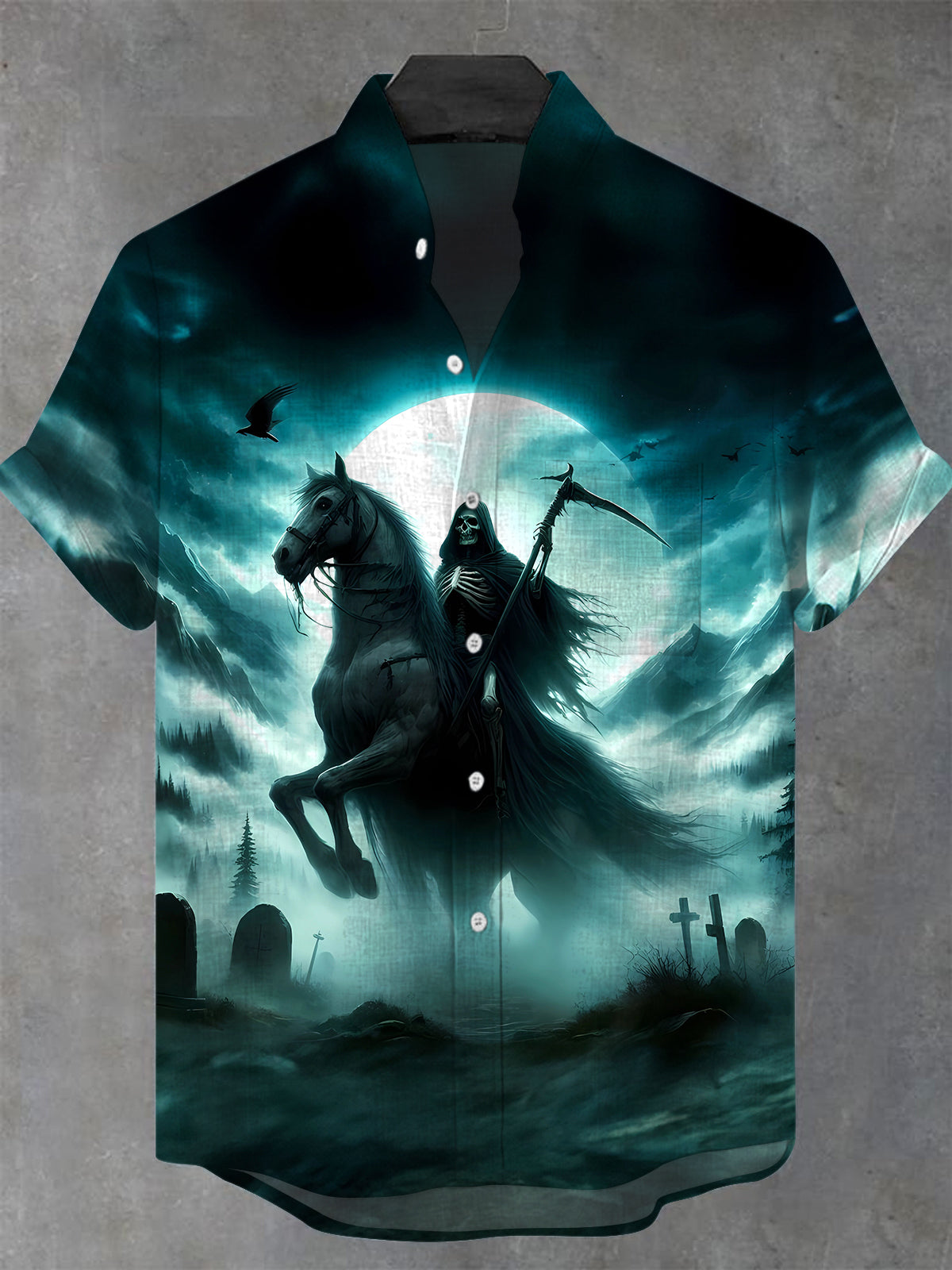 Dark Skull Horse Riding Men's Pocket Short Sleeve Stand Collar Shirts