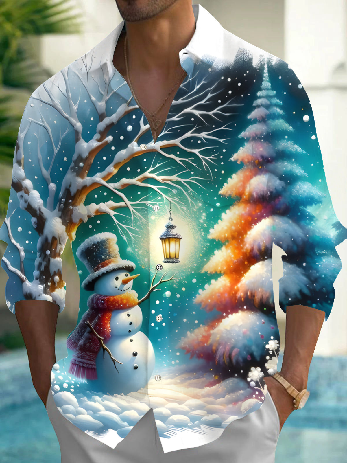 Winter Snowman Men's Pocket Long Sleeve Shirts