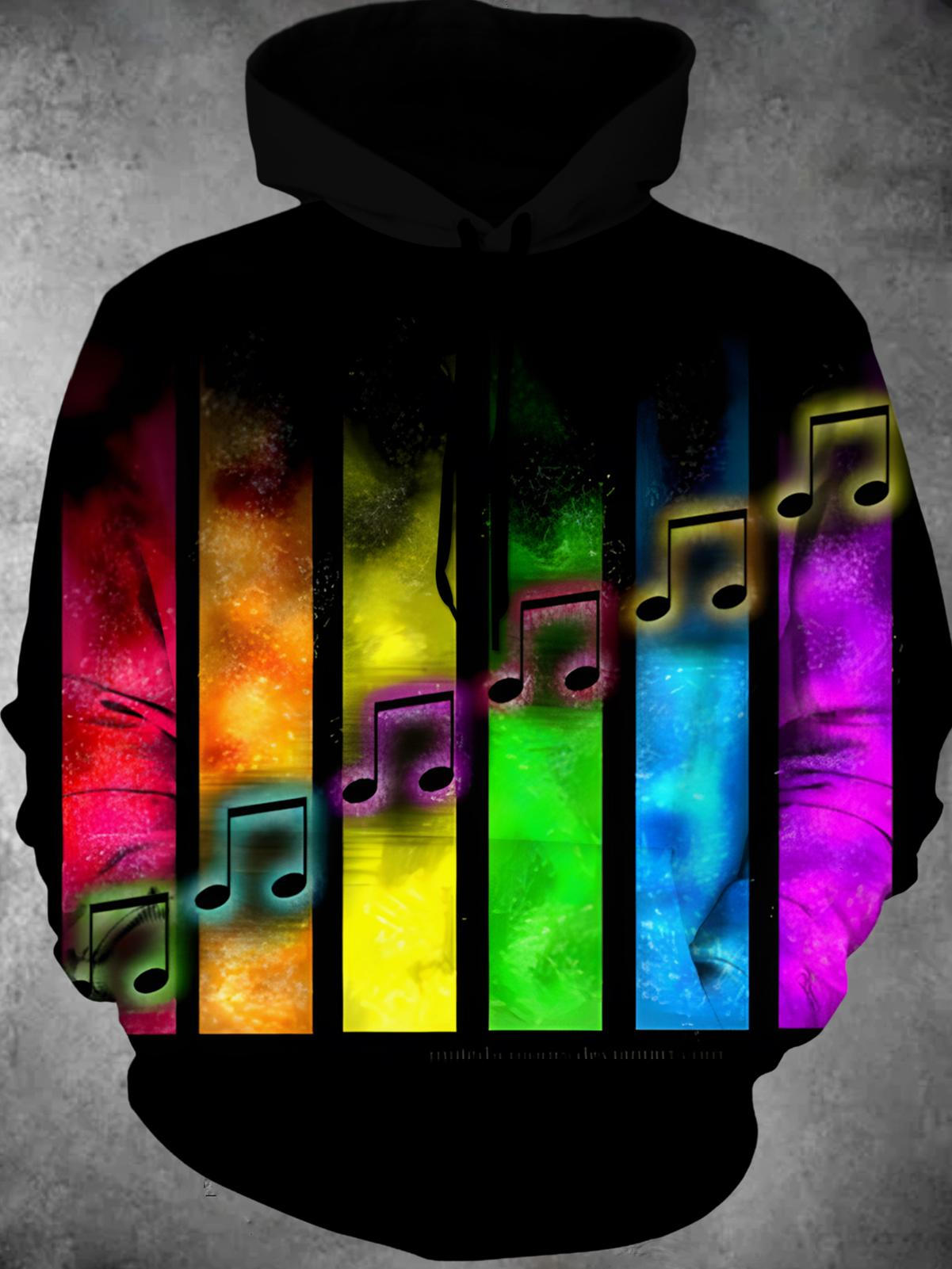 Rainbow Music Notes Long Sleeve Hooded Pocket Men's Top