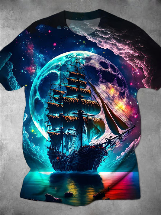 Moon Boat Round Neck Short Sleeve Men's T-shirt