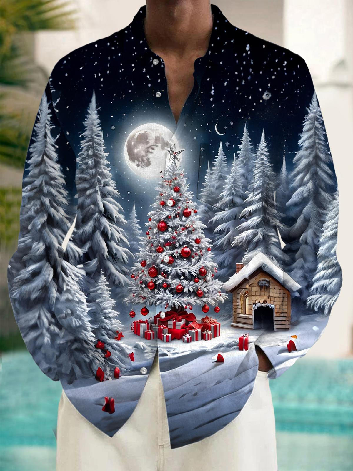 Winter Christmas Tree Men's Pocket Long Sleeve Shirts