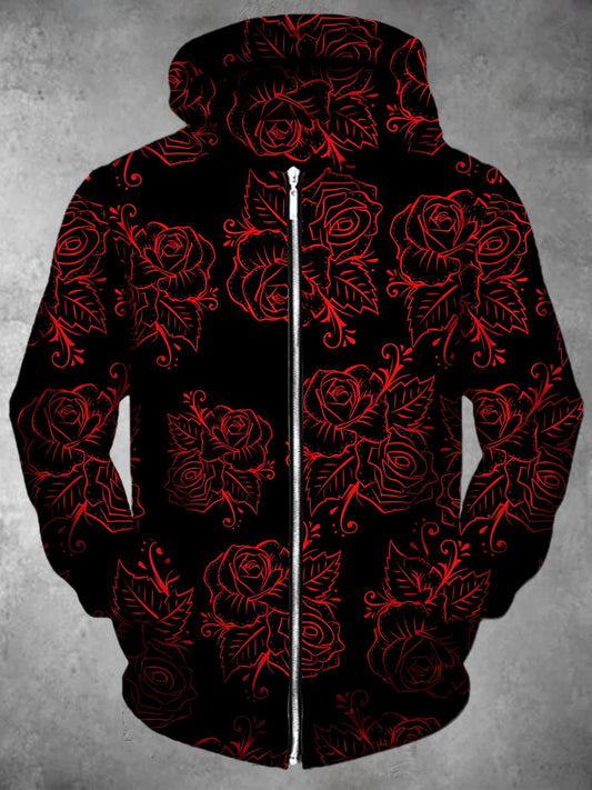 Floral Long Sleeve Pocket Men's Zip Up Hoodies