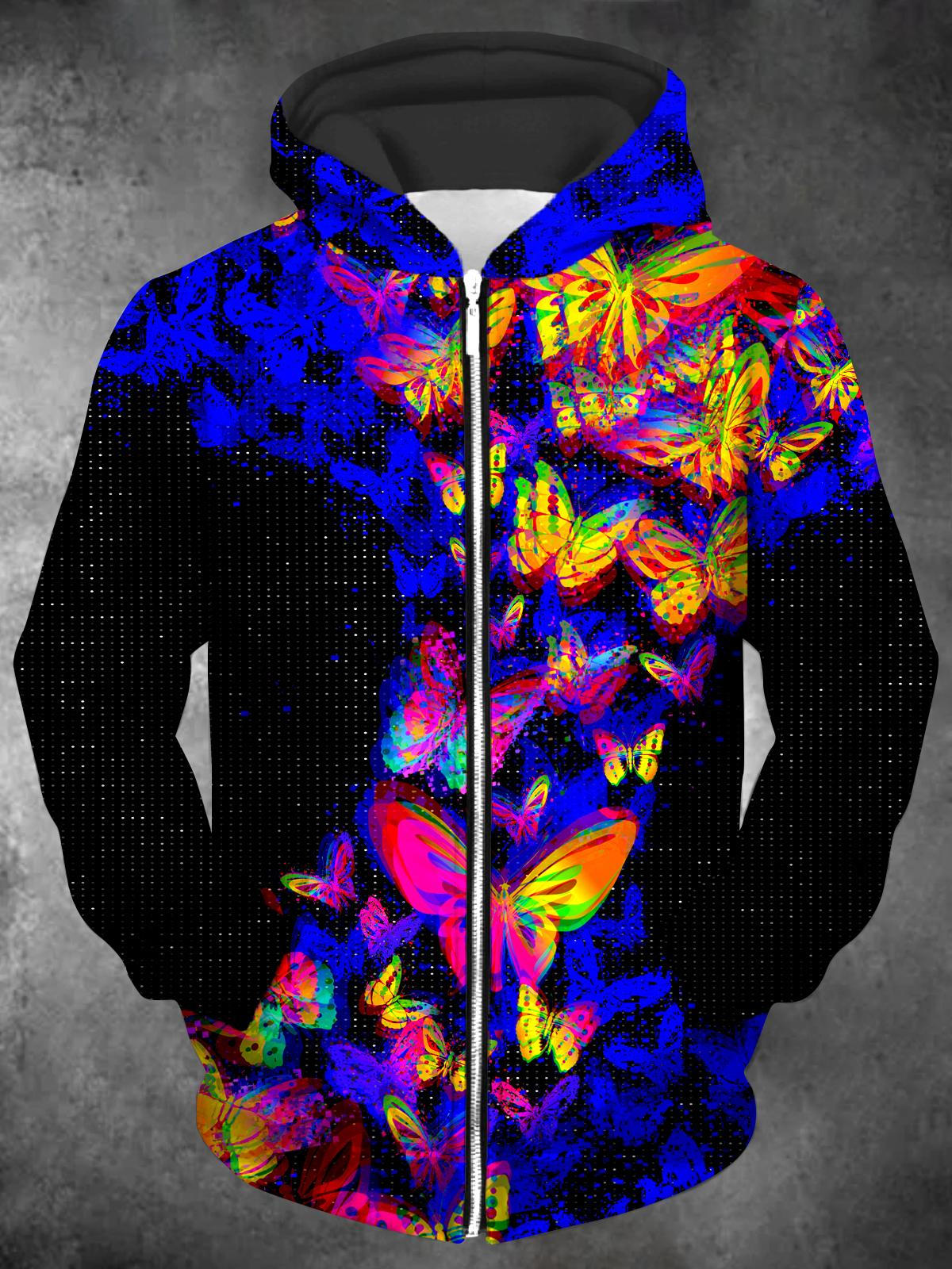 Butterfly Long Sleeve Pocket Men's Zip Up Hoodies