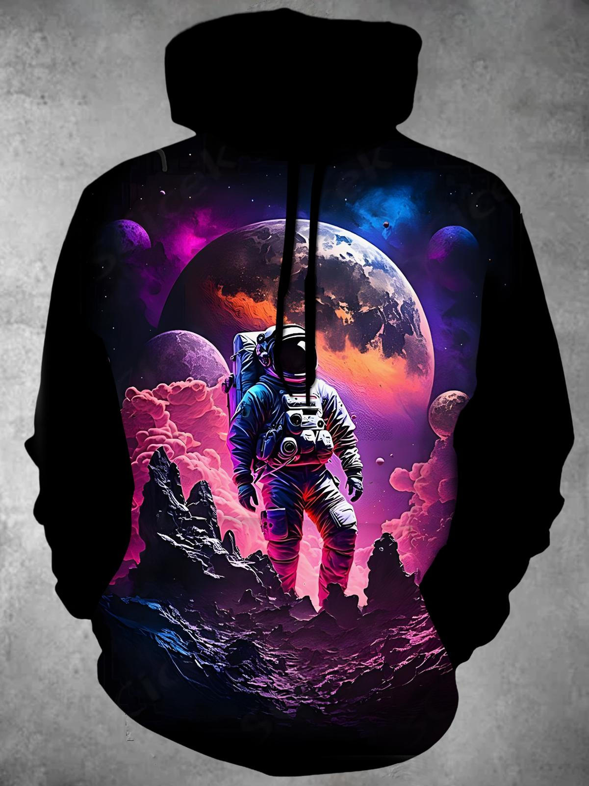 Universe Planet Astronaut Long Sleeve Hooded Pocket Men's Top