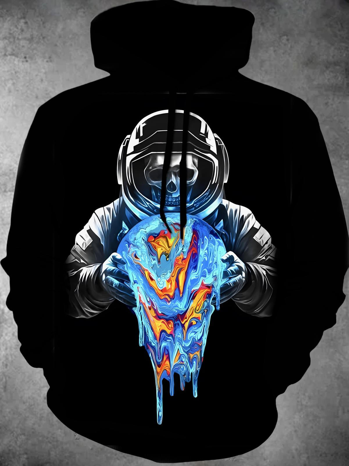 Skull Astronaut Long Sleeve Hooded Pocket Men's Top