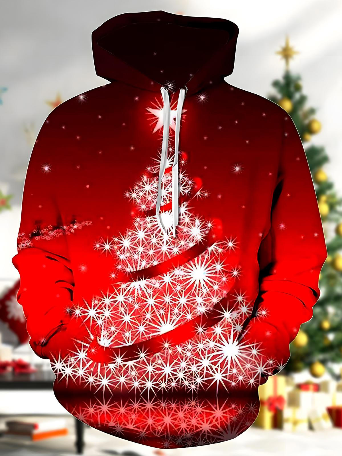 Christmas Tree Long Sleeve Hooded Pocket Men's Top