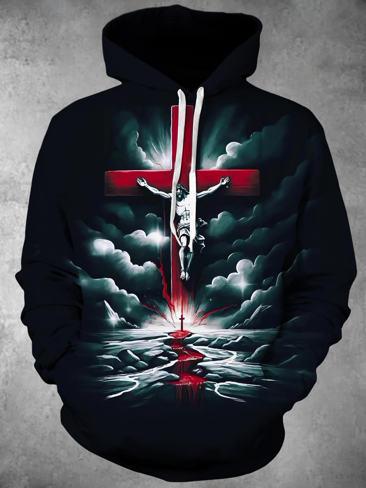 Jesus Cross Long Sleeve Hooded Pocket Men's Top