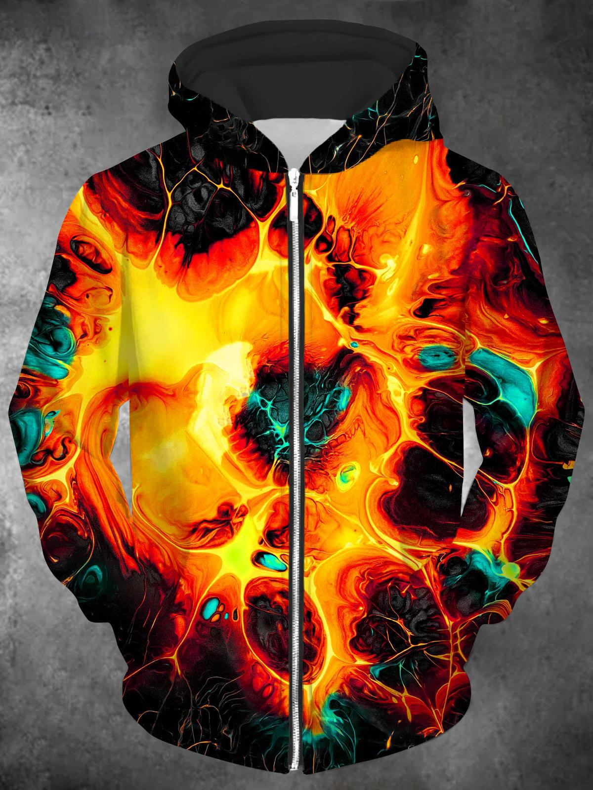 Abstract Long Sleeve Hooded Zip Pocket Men's Sweatshirt