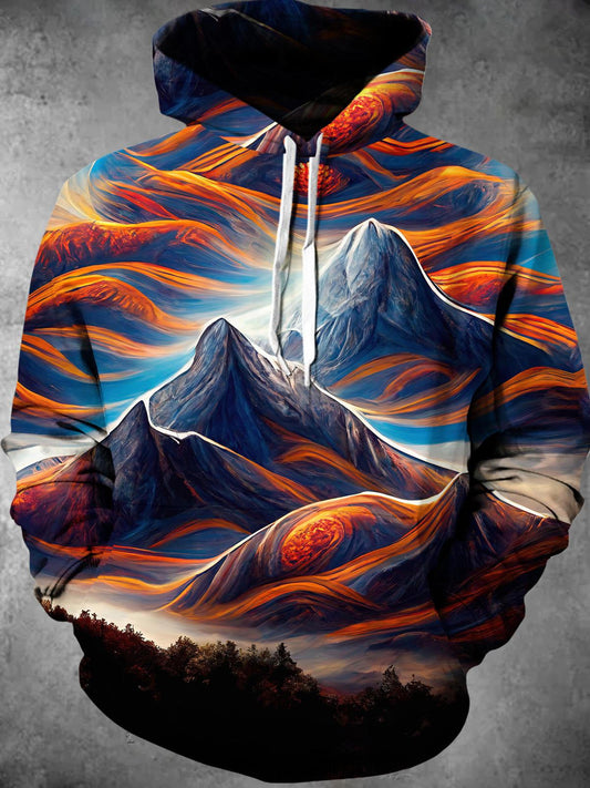 Mountain Print Long Sleeve Hooded Pocket Men's Top