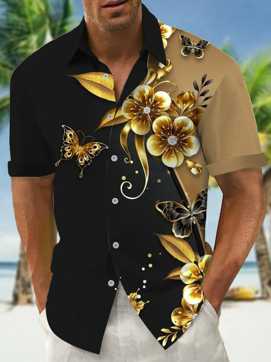 Floral Butterfly Print Men's Pocket Short Sleeve Shirts