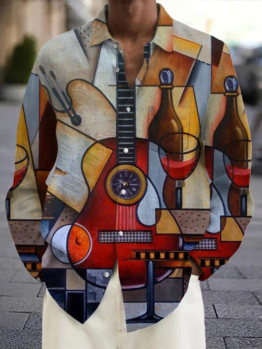 Guitar Print Long Sleeve Men's Shirts With Pocket