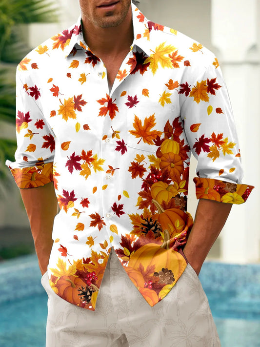 Thanksgiving Maple Leaf Print Men's Pocket Long Sleeve Shirts