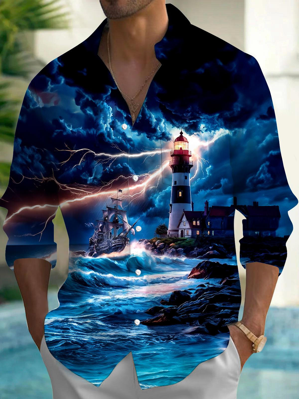 Lighthouse Boat Men's Pocket Long Sleeve Shirts