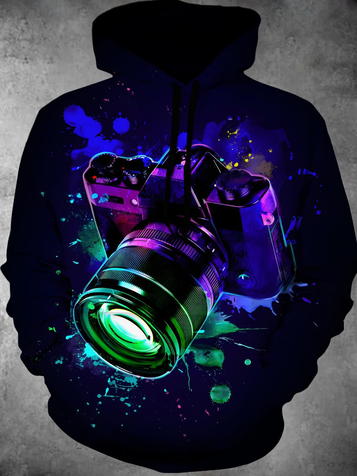 Camera Long Sleeve Hooded Pocket Men's Top