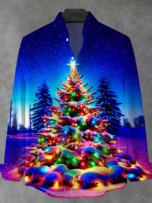 Christmas Tree Men's Pocket Long Sleeve Stand Collar Shirts