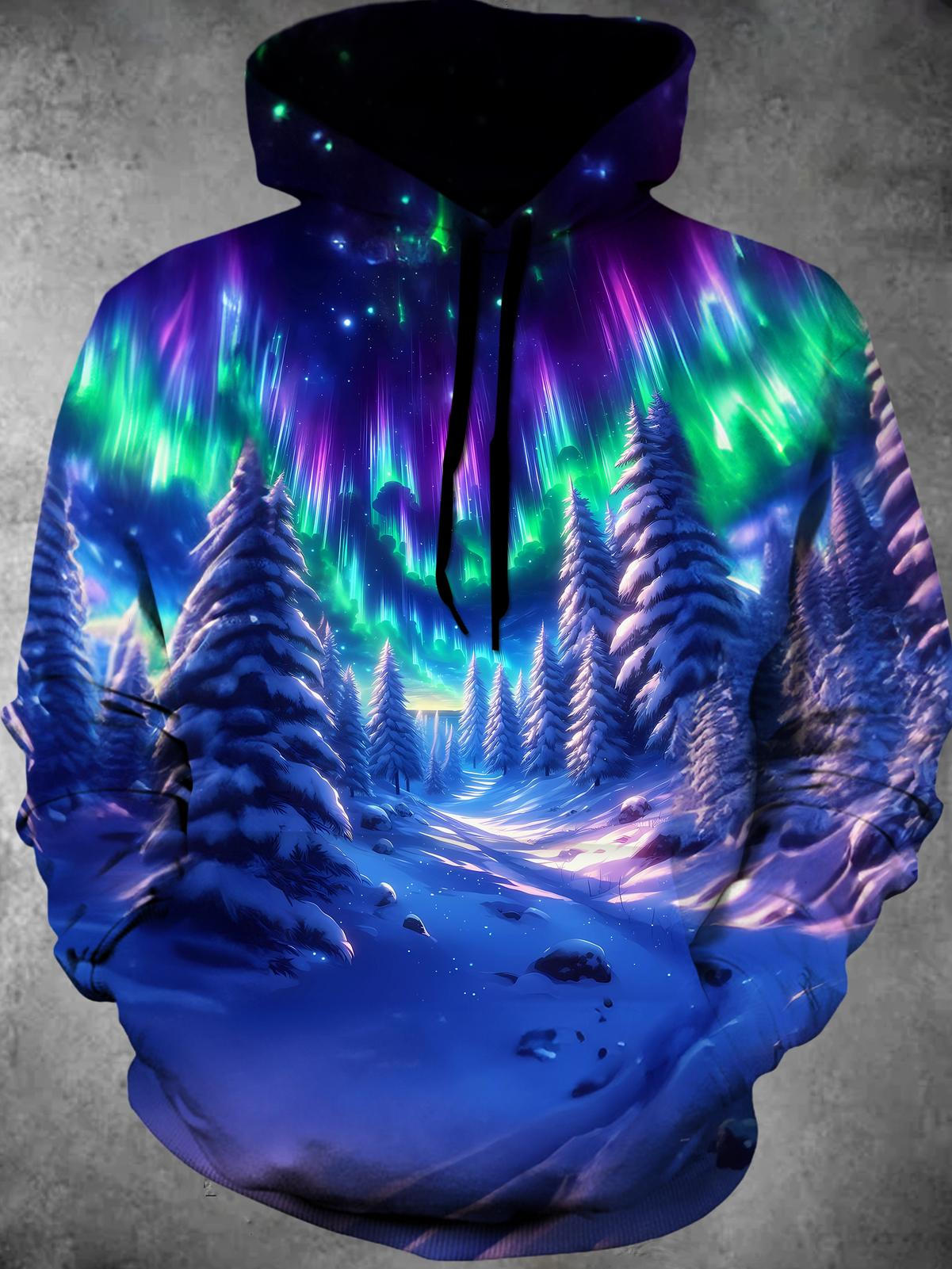 Winter Snow Tree Aurora Long Sleeve Hooded Pocket Men's Top