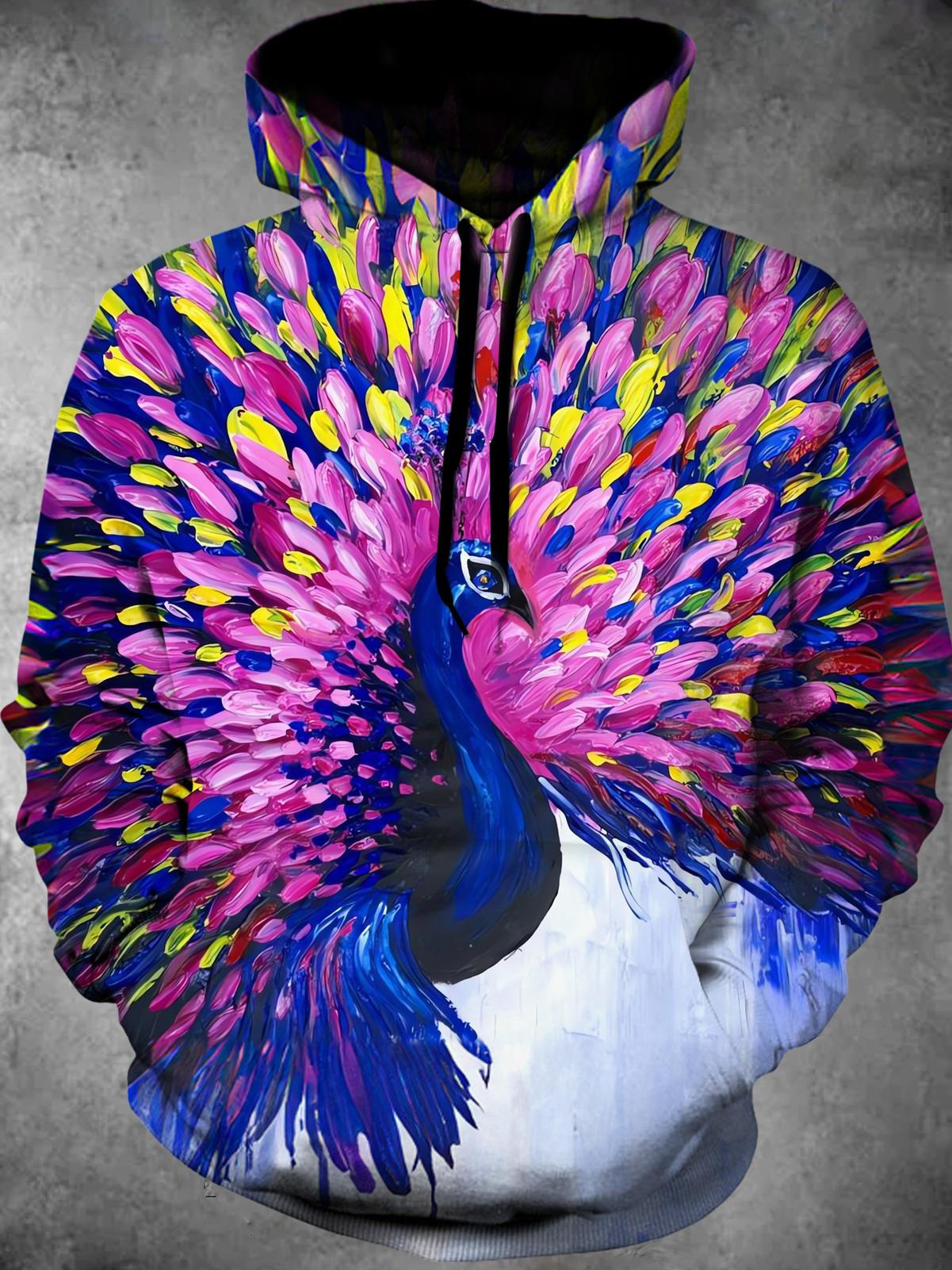 Peacock Long Sleeve Hooded Pocket Men's Top