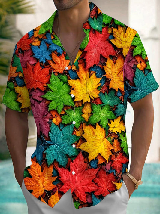 Maple Leaf Print Men's Pocket Short Sleeve Shirts