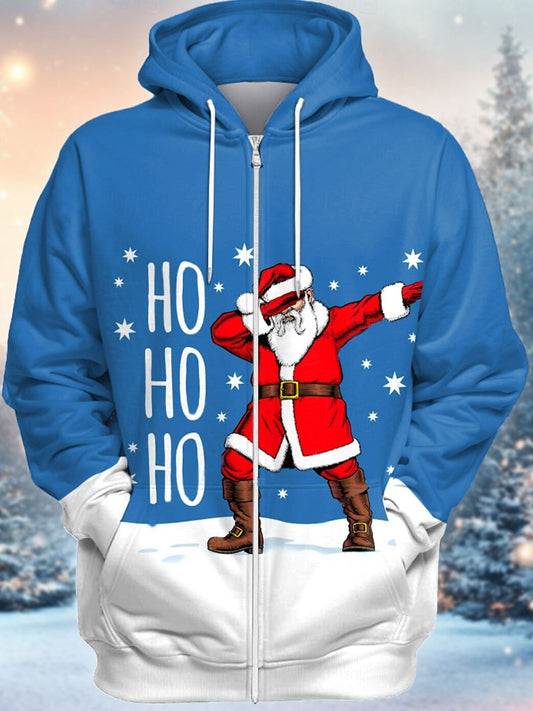 Christmas Print Long Sleeve Pocket Men's Zip Up Hoodies