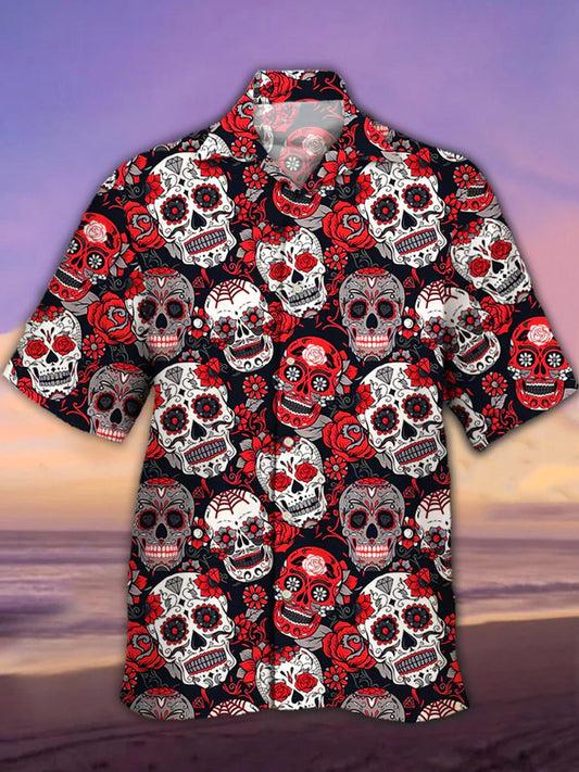 Skull Men's Pocket Cuban Collar Short Sleeve Shirt