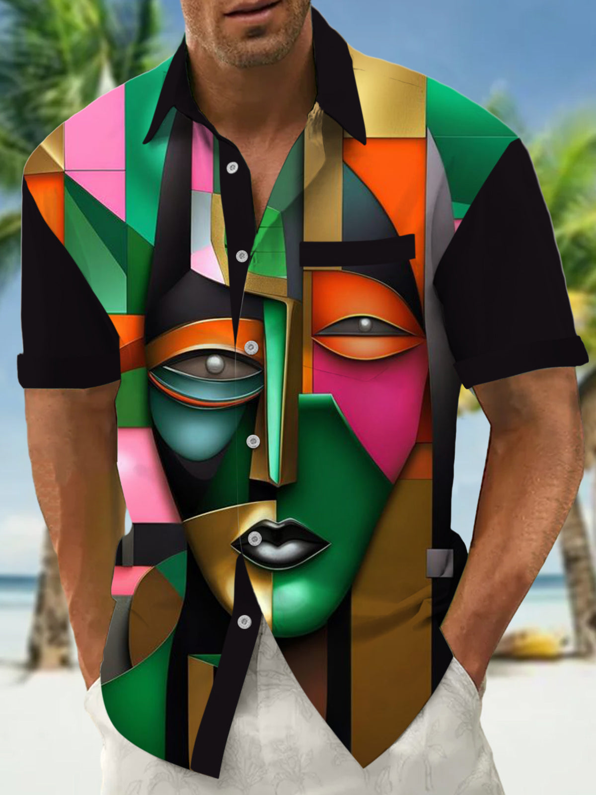 Abstract Face Art Print Men's Pocket Short Sleeve Shirts