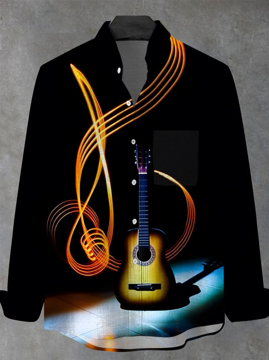 Music Guitar Men's Pocket Long Sleeve Stand Collar Shirts