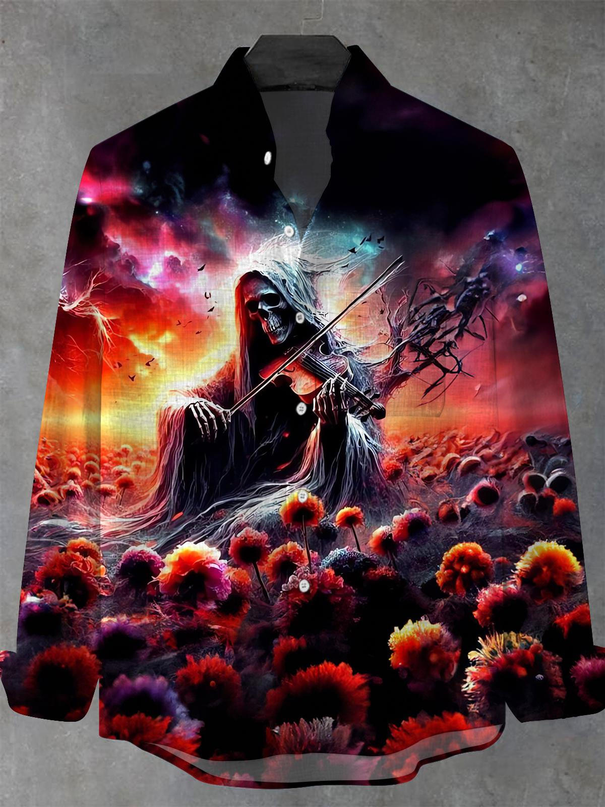 Skull Playing Violin Floral Men's Pocket Long Sleeve Stand Collar Shirts