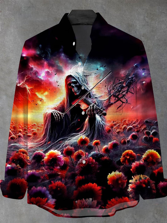 Skull Playing Violin Floral Men's Pocket Long Sleeve Stand Collar Shirts