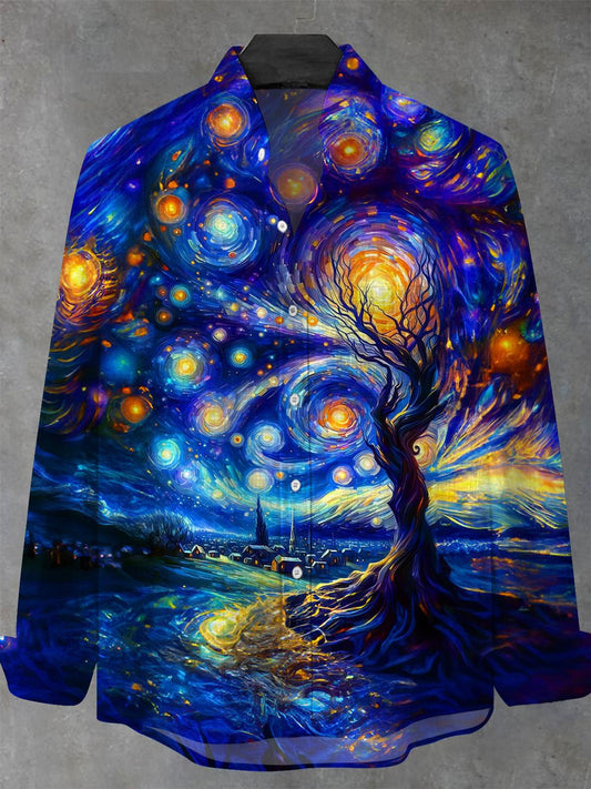 Starry Sky Tree Art Men's Pocket Long Sleeve Stand Collar Shirts