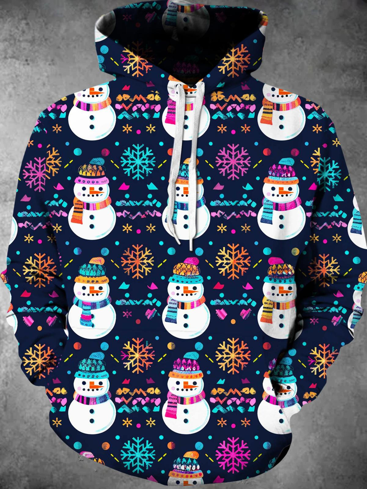 Snowman Snowflake Long Sleeve Hooded Pocket Men's Top