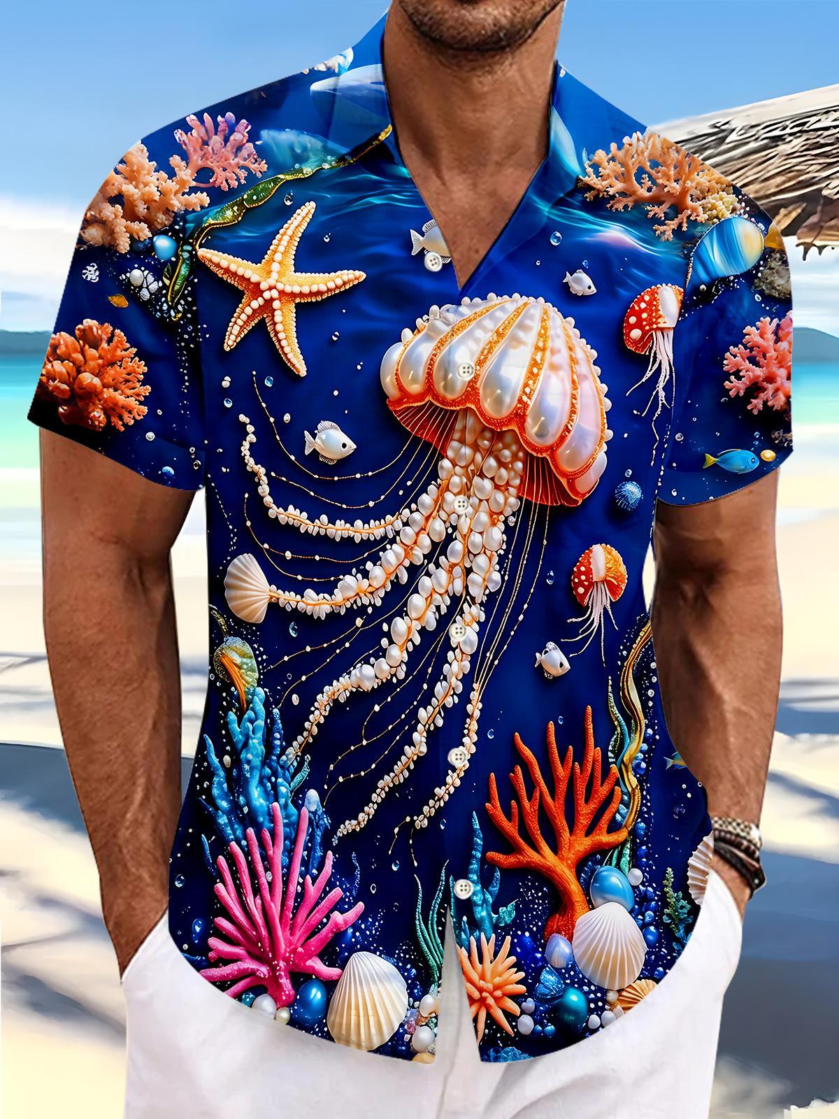 Underwater Jellyfish Starfish Coral Ocean Men's Pocket Short Sleeve Shirts