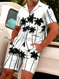 Hawaiian Coconut Tree Men's Short Sleeve Cuban Collar Pocket Shirts And Shorts Set