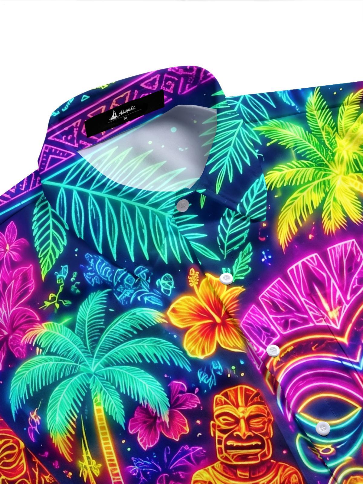 Colorful Neon Tiki Tribal Totem Hawaiian Tropical Party Men's Pocket Short Sleeve Shirts