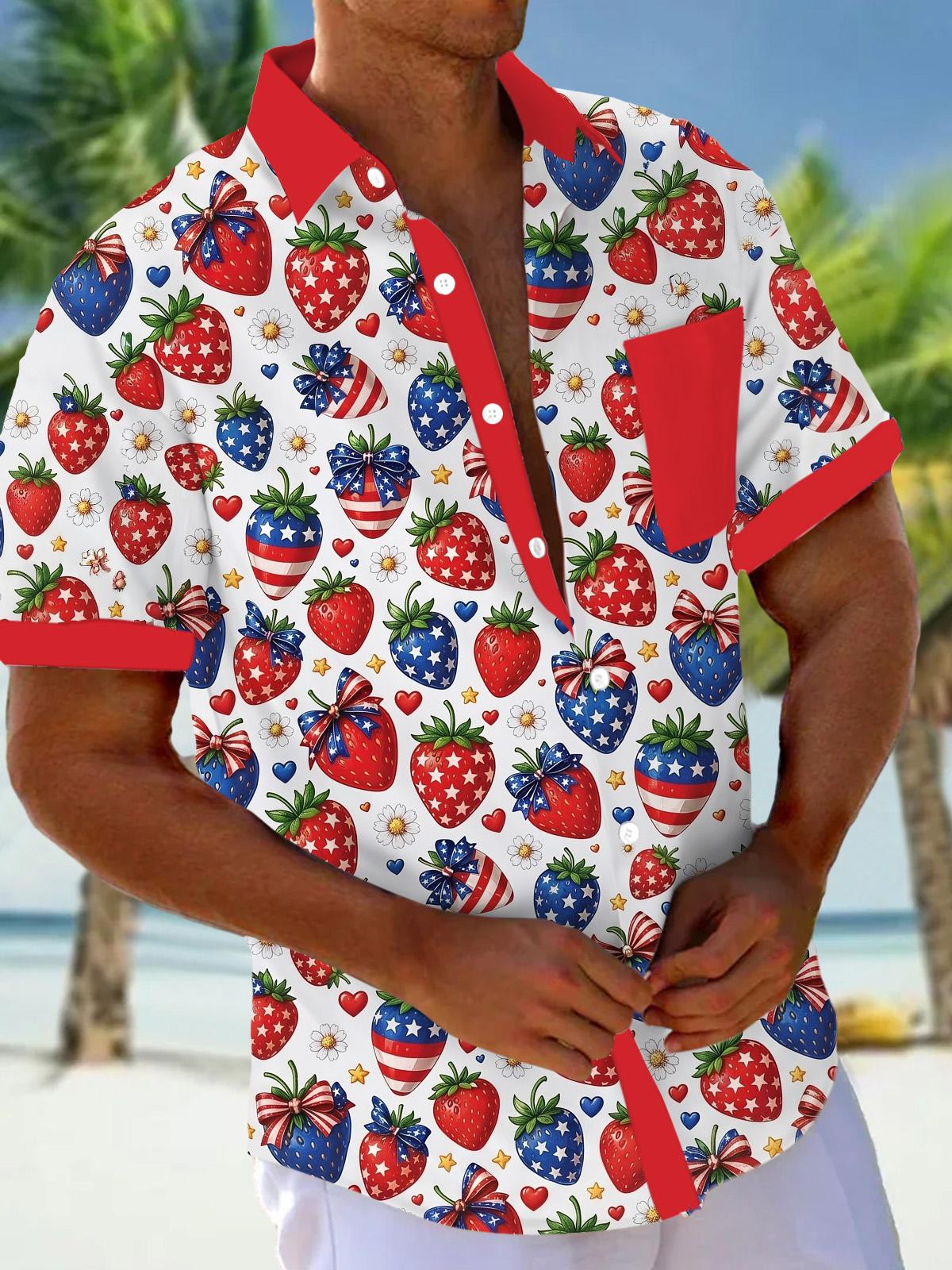Independence Day American Flag Strawberry Print Men's Pocket Short Sleeve Shirts