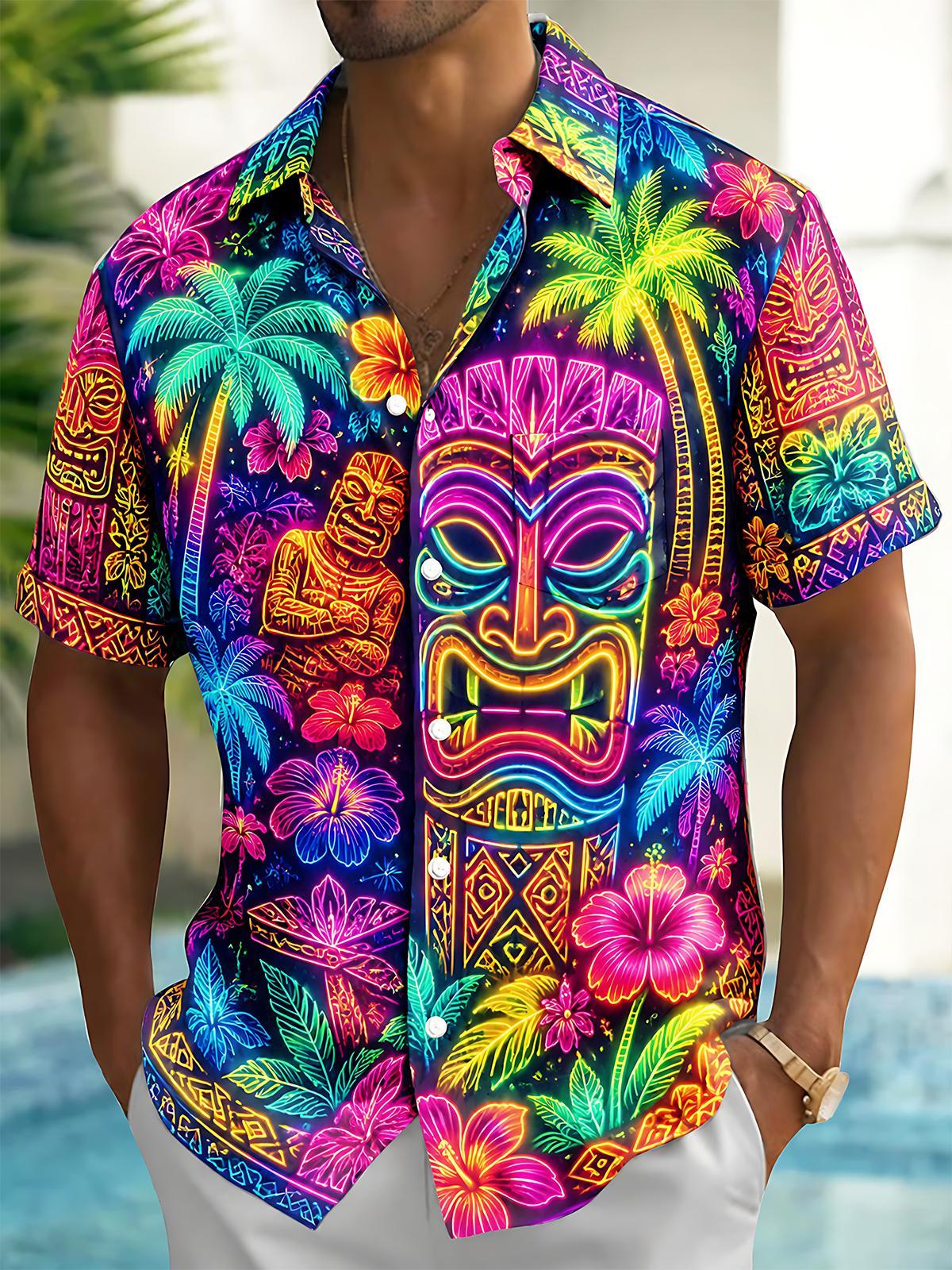 Colorful Neon Tiki Tribal Totem Hawaiian Tropical Party Men's Pocket Short Sleeve Shirts