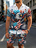 Independence Day American flag Eagle Print Men's Short Sleeve Pocket Shirts And Shorts Set