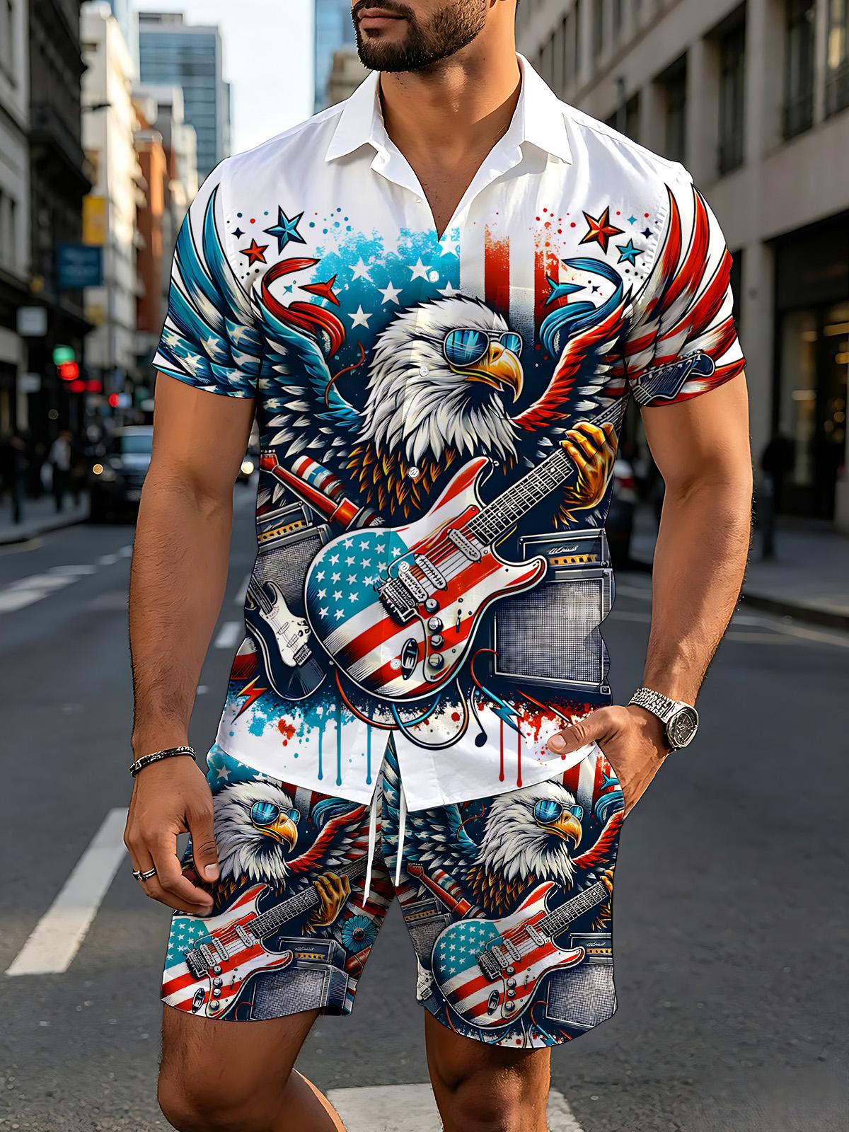 Independence Day American flag Eagle Print Men's Short Sleeve Pocket Shirts And Shorts Set
