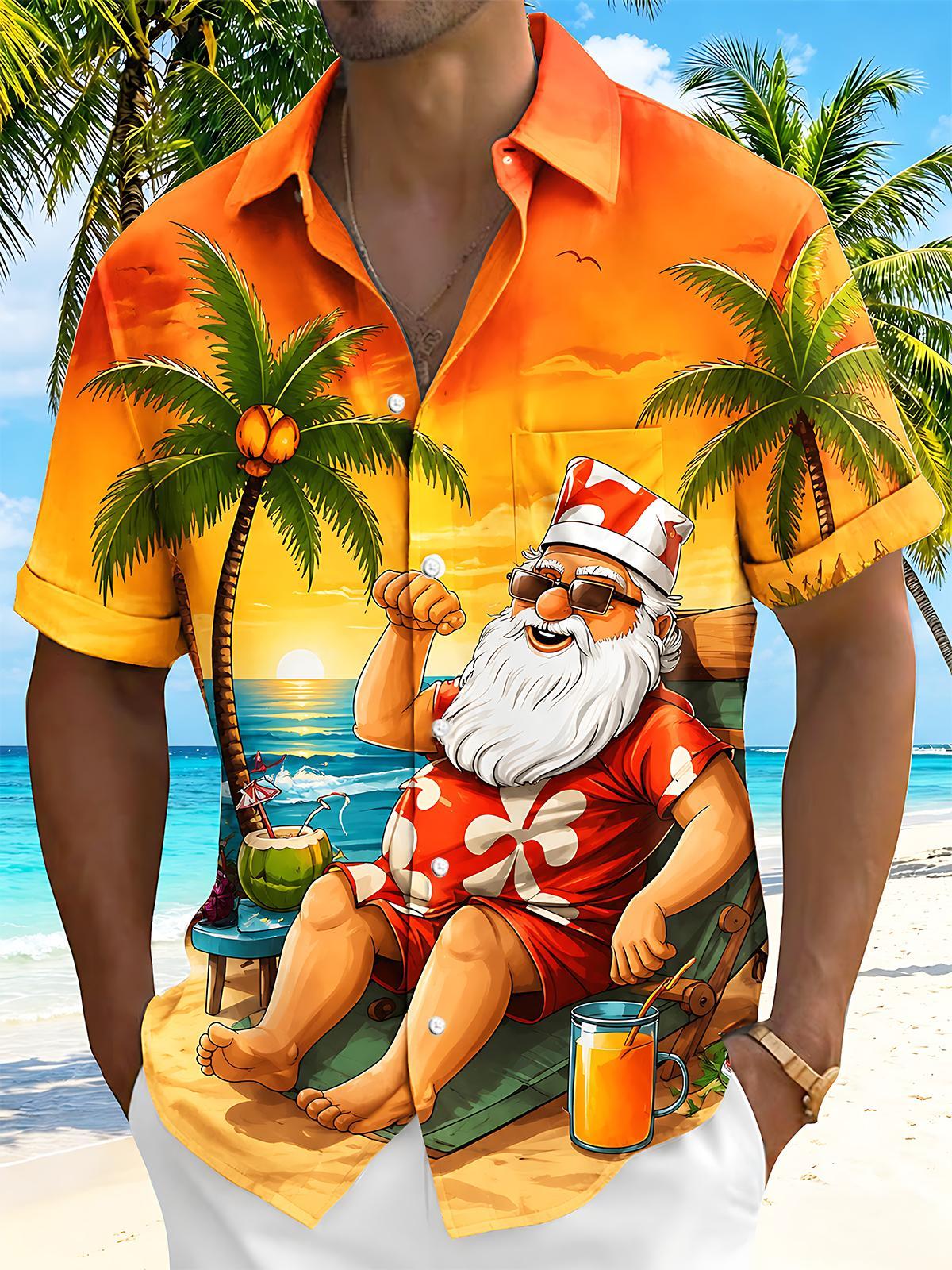 Hawaiian Vacation Santa Claus Men's Pocket Short Sleeve Shirts