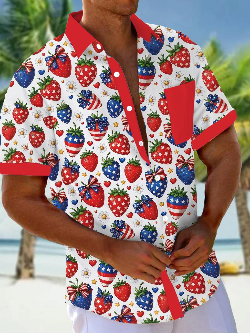 Independence Day American Flag Strawberry Print Men's Pocket Short Sleeve Shirts